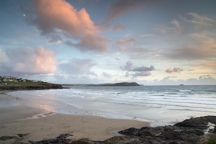 Polzeath Beach in Cornwall England At Sunset